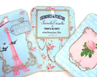 French Blue Tags-Set Of 6-Pink Eiffel Tower- Bluebird Tag--Cottage Chic-Stationary-Junk Journals-Scrapbooks-Crafting-Vintage Look-Handmade