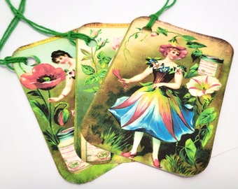 Green Fairy Tags- Set of 6-Vintage Look Tags- Garden Fair--Flower Fairy-Fantasy Tags-Junk Journals-Cards-Scrapbooking-Handmade-Sirius Fun
