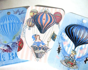 Balloon  Tags- Set of 6-Gift Tags- Vintage Look- Hot Air Balloons-Cottage Style-Stationary-Junk Journals-Scrapbooks-Handmade-Sirius Fun