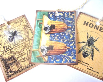 Honey Bee Tags -Set Of 8 - Bee Hives - Honey Tags  - Garden Tags - - Insect Tags-Vintage Bee Tags-- Nature Tags --Gift Tags- Junk Journaling