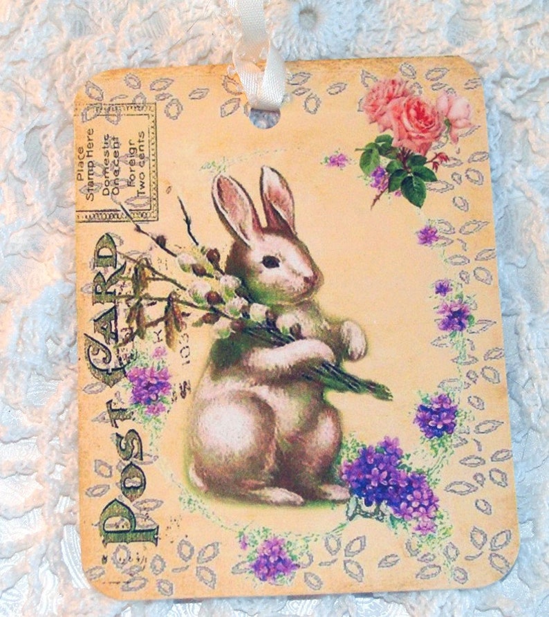 Spring Bunny Tags Set of 4 Vintage Bunny Gift Tags Easter Bunny Strawberry Bunny Garden Bunny Cottage Chic Thank Yous image 3