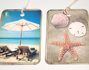 Beach Day Tags-Set of 8-Umbrella And Bag-Sandcastle Tag -Flip Flops-Seashells Tag-Cottage Style-Junk Journals-Scrapbooks-Stationary-Handmade