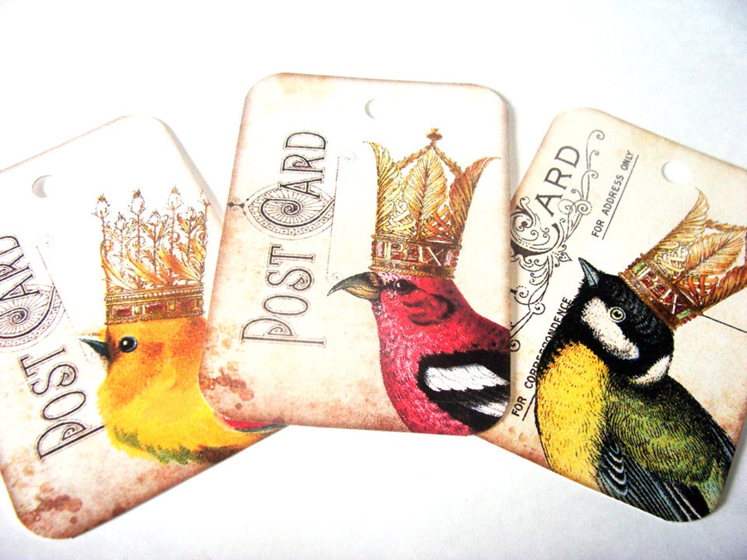 Royal Bird Tags-set of 9-birds in Crowns-gift Tags-whimsical Tags Card ...