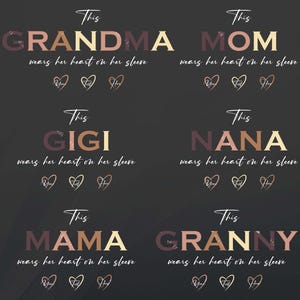 Personalisierte Trägt ihr Herz auf ihrem Ärmel SVG | Benutzerdefinierte Mom, Oma, Nana Shirt Design | DIY Familienname Herz SVG für Cricut & Sublimation