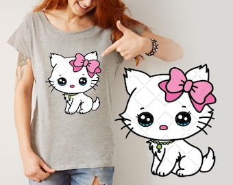 Cute Cat with Pink Ribbon SVG PNG, Adorable Kitty Clipart, Kawaii Cat Digital File for Cricut & Sublimation