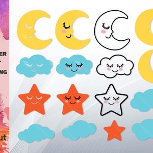 Baby Room SVG Bundle, Cute Moon Cloud Star PNG, Nursery Decor Stickers, Vinyl Decal Cutting Files, Sleepy Baby Clipart