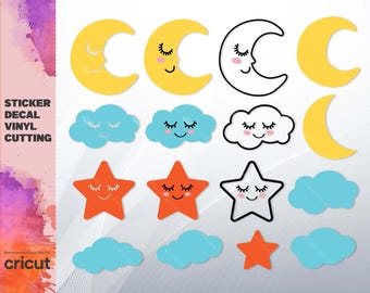 Pacchetto di immagini SVG per decorazioni per la cameretta: clipart di luna, nuvole e stelle (download digitale)