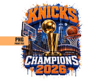 Puede incluir: Un diseño gráfico con el texto KNICKS, CHAMPIONS y 2026 en naranja y azul. La imagen incluye un trofeo de baloncesto dorado, una canasta de baloncesto, un balón y la silueta del horizonte de Nueva York con un efecto de salpicadura.