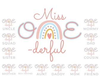 Pacchetto SVG Miss One Derful: Arcobaleno acquerello per il primo compleanno (download digitale)