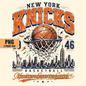May include: A graphic design featuring the text NEW YORK KNICKS in orange and blue, a basketball passing through a net, and the New York City skyline including the Statue of Liberty. The design includes the text BASKETBALL and MADISON SQUARE GARDEN.
