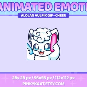 May include: Animated GIF emote of an Alolan Vulpix, a white fox Pokémon with a fluffy tail, holding a pink phone to its ear. The text "ALOLAN VULPIX GIF - CHEER" is above the image. The text "28x 28 px / 56x56 px / 112x112 px" is below the image. The text "PINKYKAAT.ETSY.COM" is below the size text.
