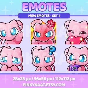 May include: A digital art graphic featuring six pink cartoon characters with various expressions. The characters have large blue eyes and are set against a purple and blue background. Text includes "EMOTES", "MEW EMOTES - SET 1", and the Etsy shop URL.
