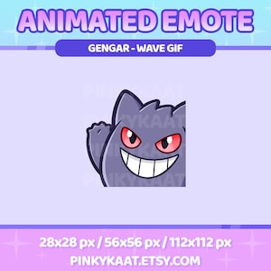 Può includere: Emote animata con un personaggio Gengar viola che saluta. L'immagine include il testo "ANIMATED EMOTE" e "GENGAR - WAVE GIF". L'emote è disponibile nelle dimensioni 28x28, 56x56 e 112x112 pixel.