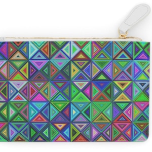 May include: A rectangular clutch with a colorful geometric pattern of triangles in shades of green, blue, pink, and yellow. The clutch has a white wrist strap and a gold zipper.