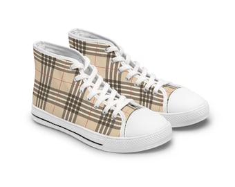 Sneakers alte a quadri color cuoio, scarpe casual alla moda da donna