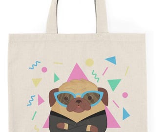 Pug Tote Bag, Funny Dog Design, Cotton Canvas