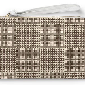 Brown Glen Plaid Clutch Bag – Houndstooth Check Wristlet – PU Leather Patchwork Purse – Neutral Pattern Evening Bag for Women