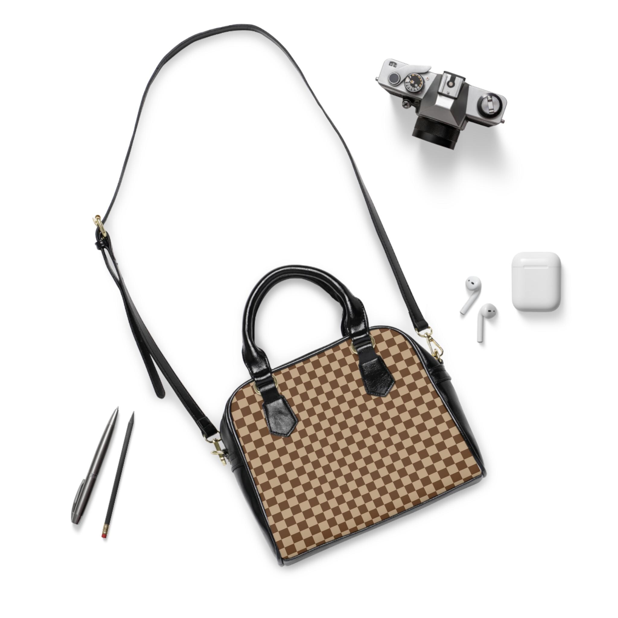Brown Tan Checkered PU Leather Shoulder Bag – Stylish Bowler 