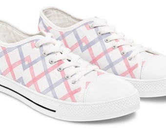 Pink Blue Plaid Sneakers Women&#39;s Shoes Pink Plaid Sneaker Shoes Low Top Sneakers Women&#39;s Footwear