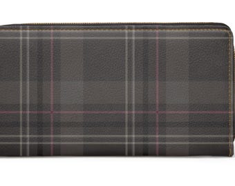 Dark Plaid Zipper Wallet – Gray Tartan Zip‑Around Wallet – PU Leather Card Holder & Coin Purse – Stylish Checkered Travel Wallet for Women