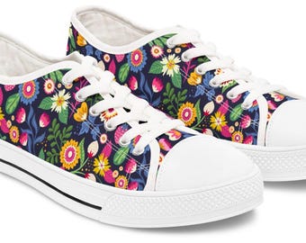 Floral Canvas Low Top Sneakers: Women's Lace-Up Fashion Shoes