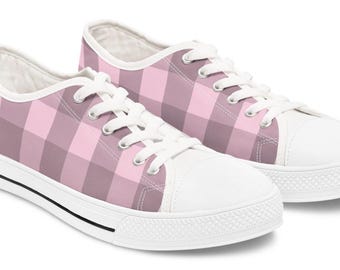 Roze geruite lage sneakers – Boho-chique vrijetijdsschoenen voor dames – Trendy geruite modieuze sneakers met veters – Leuke wandelschoenen voor dagelijks gebruik