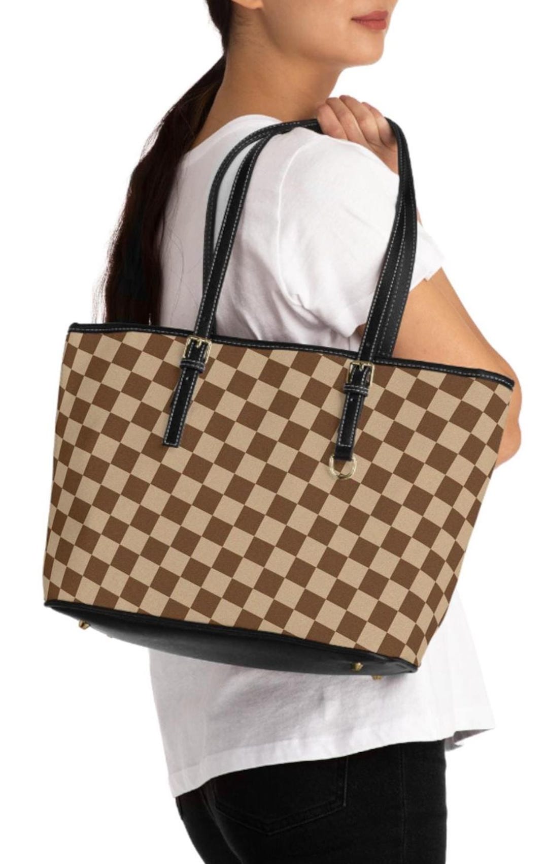 ブラウンチェック柄PUレザーショルダーバッグ、トレンドのハンドバッグ