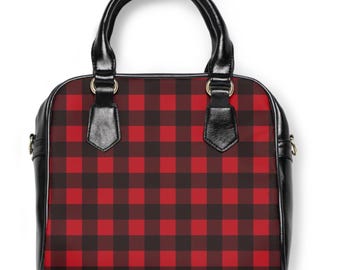 Bolso de mano de piel sintética a cuadros rojos, bolso bandolera a cuadros