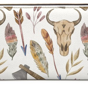 Country Western Reißverschluss Brieftasche Kuh-Schädel Print Geldbörse Rustikale Leder-Kupplung, Geschenk für Sie Travel Organizer Festival Accessoire
