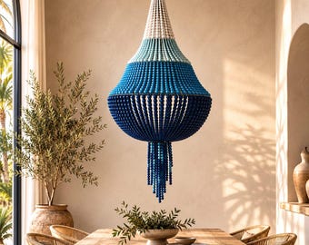 Blue Wood Bead Chandelier, Coastal Pendant Light, Handmade Boho Ceiling Lamp, Beach House Decor