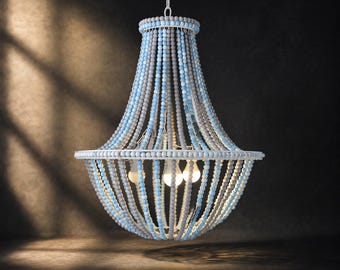 Blue Ombre Chandelier, Wooden Beaded Lighting, Coastal Pendant Light