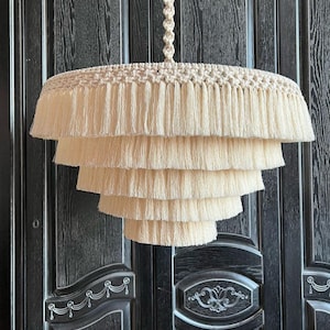 Boho Tassel Chandelier – Handmade Cotton Fringe Light Fixture – Layered Pendant Lamp for Living Room, Nursery, or Entryway