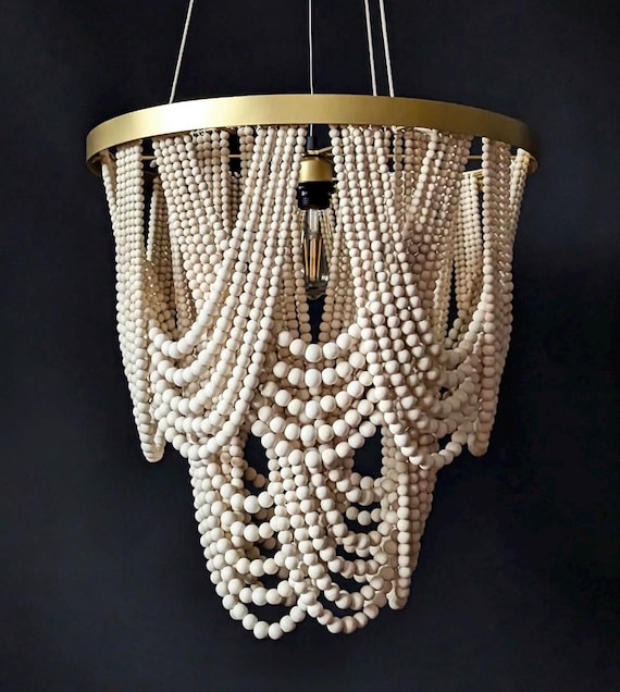 Boho Beaded Chandelier, Natural Wood Bohemian Ligthing,