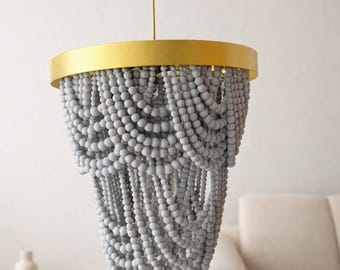 Gray Wood Bead Chandelier, Boho Pendant Lighting , Nursery or Living Room Decor