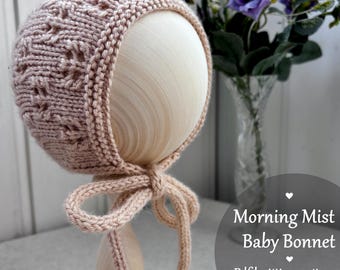 Patrón de tejido para gorro de bebé "Morning Mist" / Diseño de encaje, lazos de cordón I / De recién nacido a 24 meses / Descarga en PDF (inglés)