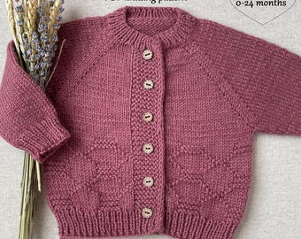 Rosehip Baby Cardigan Knitting Pattern | Top-Down Raglan, Diamond Texture | Newborn to 24 Months | PDF Instant Download