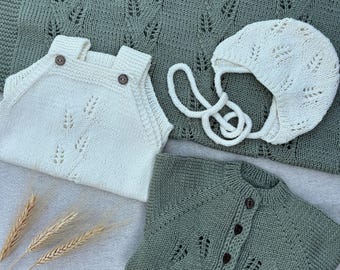 Baby Knitting Pattern Set PDF – Lace Cardigan, Bonnet, Romper & Blanket – Complete Layette Instant Download