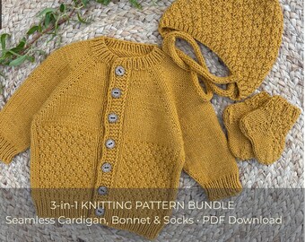 Paquete de patrones de tejido para bebé sin costuras, tutorial para tejer un cárdigan amarillo mostaza, patrón de gorro y calcetines minimalistas en PDF, tejido para recién nacidos