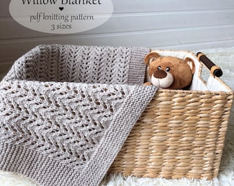 Willow Baby Blanket Knitting Pattern, Modern Lace Throw, Scandi Baby Blanket PDF, 3 sizes (in English)