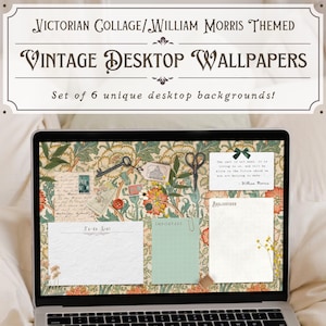 Könnte beinhalten: Ein Laptop-Bildschirm zeigt eine digitale Desktop-Tapete mit einem viktorianischen Collage-Thema. Die Tapete zeigt ein Blumenmuster mit einem Zitat von William Morris: „Die Vergangenheit ist nicht tot. Sie lebt in uns und wird in der Zukunft leben, die wir jetzt mitgestalten.“ Die Tapete enthält auch verschiedene Elemente im Vintage-Stil, wie Schlüssel, Scheren und Briefmarken.