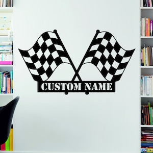 Personalized Checkered Flag Metal Sign, Custom Racecar Wall Art, Racing Garage Sign, Car Enthusiast Gift, Man Cave Decor, Custom Garage Sign