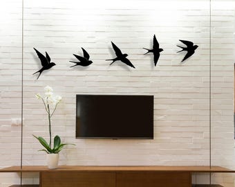 Flying Swallows Metal Wall Decor Set of 5 ; Modern Bird Sculpture Decor for Living Room