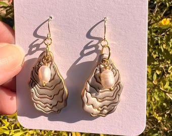 Pearly Oyster Shell Earrings with Freshwater Pearl | Hand Painted Gold Accents | 14K Gold Filled Hooks | Lightweight Polymer Clay Jewelry