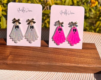 Glittery Bow Ghost Polymer Clay Earrings