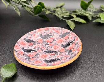 Pink Rose & Crow Polymer Clay Trinket Dish | 3” Round Jewelry Holder | Shiny Finish Ring Dish | Gothic Floral Decor