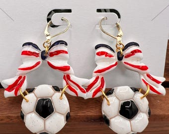 Colorful Soccer Bow Earrings | Polymer Clay Soccer Ball Dangle Earrings | Lightweight Sports Jewelry | Gold or Silver Filled