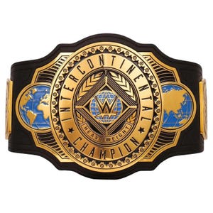 Puede incluir: Cinturón de campeonato de lucha libre dorado y negro con un diseño de globo azul y las palabras "Intercontinental Heavyweight Champion".