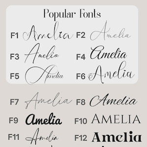 Puede incluir: Imagen que muestra varios estilos de fuente para el nombre "Amelia". La imagen muestra catorce opciones de fuente diferentes, que van desde una elegante cursiva hasta letras en negrita. El texto "AVAILABLE FONTS" y "Popular Fonts" est&aacute; en la parte superior.