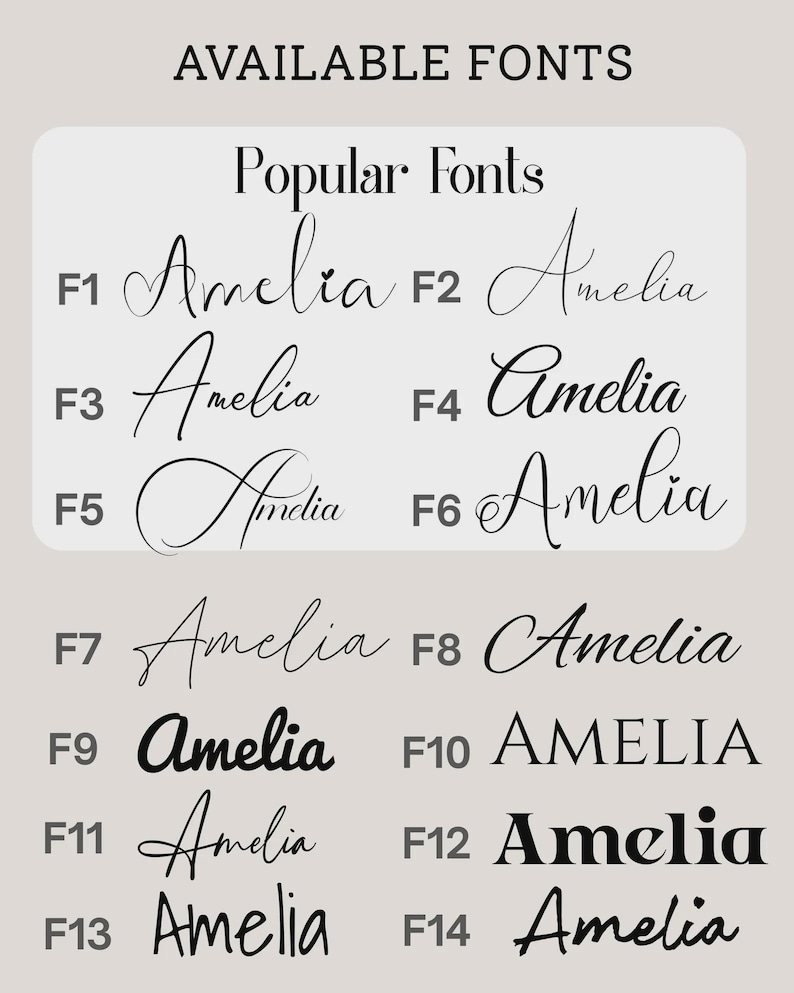 Puede incluir: Imagen que muestra varios estilos de fuente para el nombre "Amelia". La imagen muestra catorce opciones de fuente diferentes, que van desde una elegante cursiva hasta letras en negrita. El texto "AVAILABLE FONTS" y "Popular Fonts" est&aacute; en la parte superior.