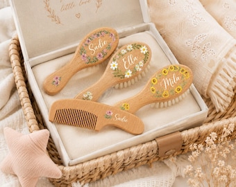 Juego de cepillos de madera personalizados para el cabello del bebé, recuerdo grabado a medida para recién nacido, regalo para baby shower, juego de cepillo y peine de madera.